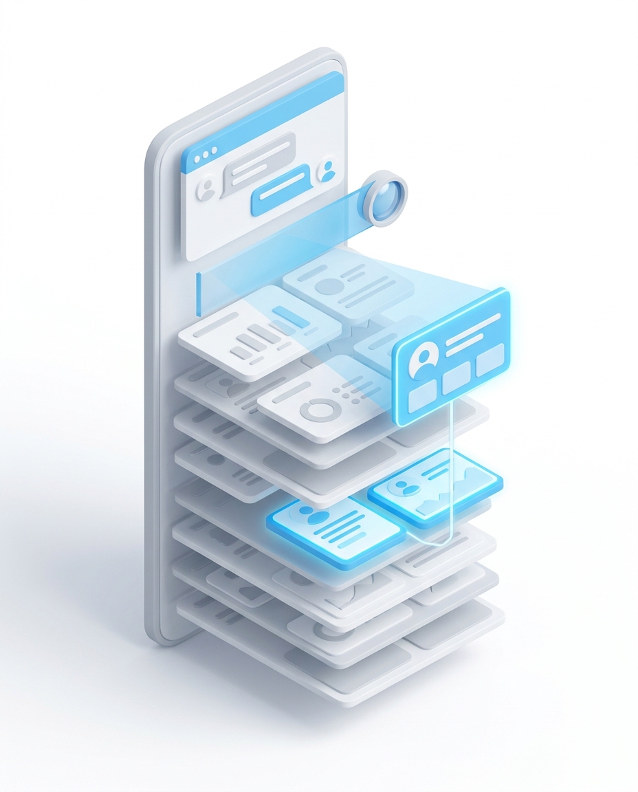3D isometric illustration of a chatbot scanning dashboard cards and surfacing matching results