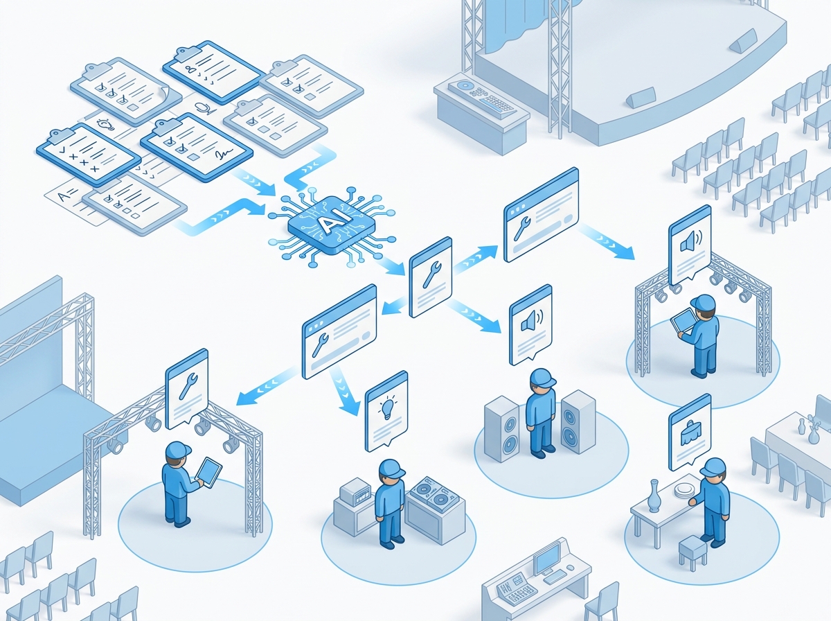 3D isometric illustration of venue checklists being transformed into organized work order cards