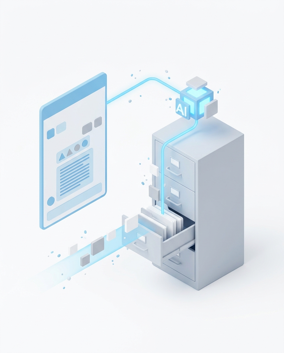 3D isometric illustration of documents being scanned by AI into a chat answer interface