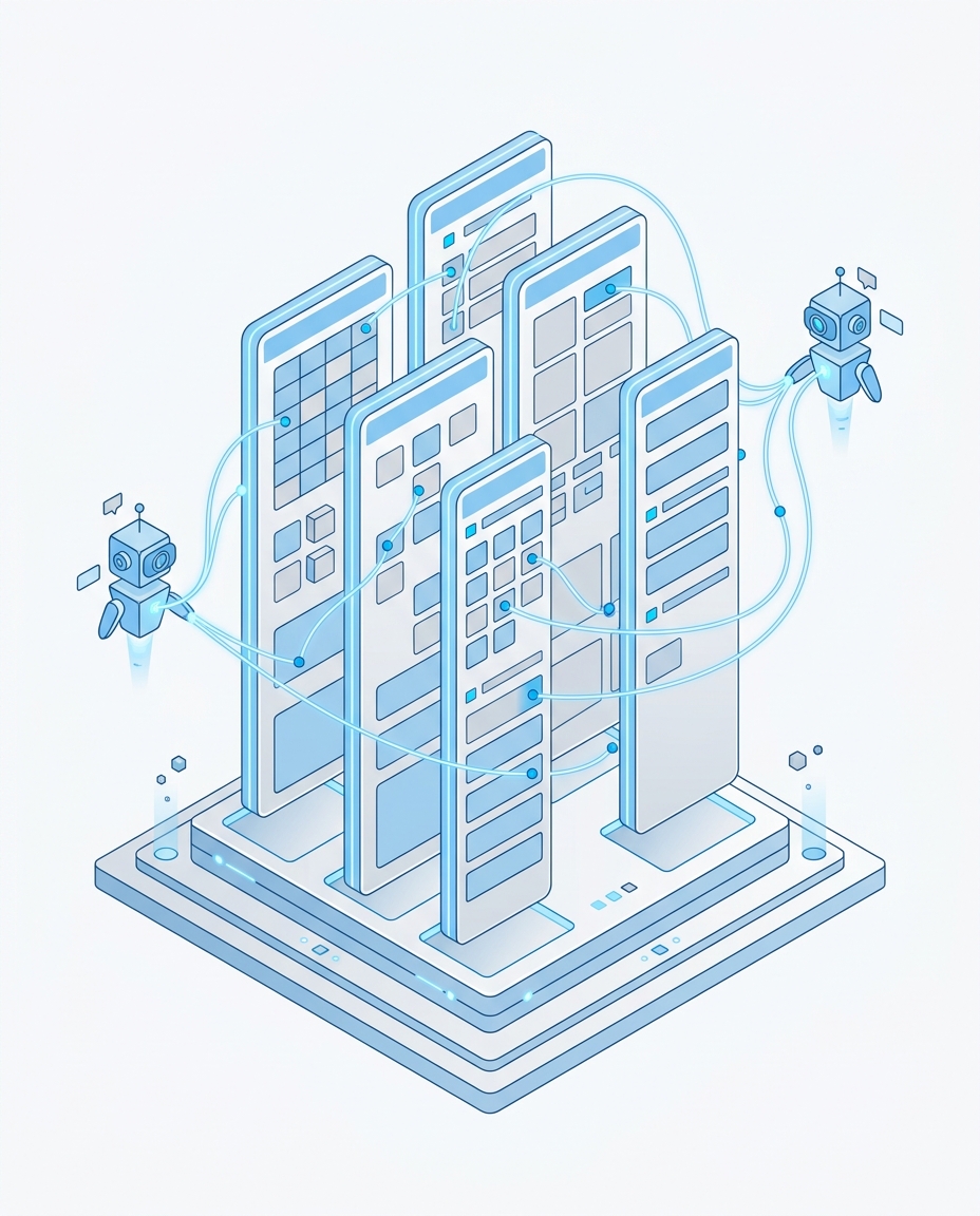 3D isometric illustration of dataset columns being automatically labeled by AI with synonym connections
