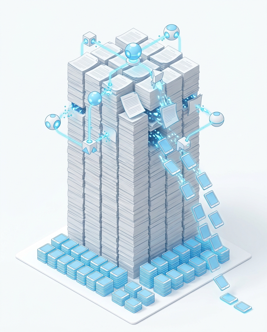3D isometric illustration of a document stack being deconstructed by AI agents into interactive report tablets