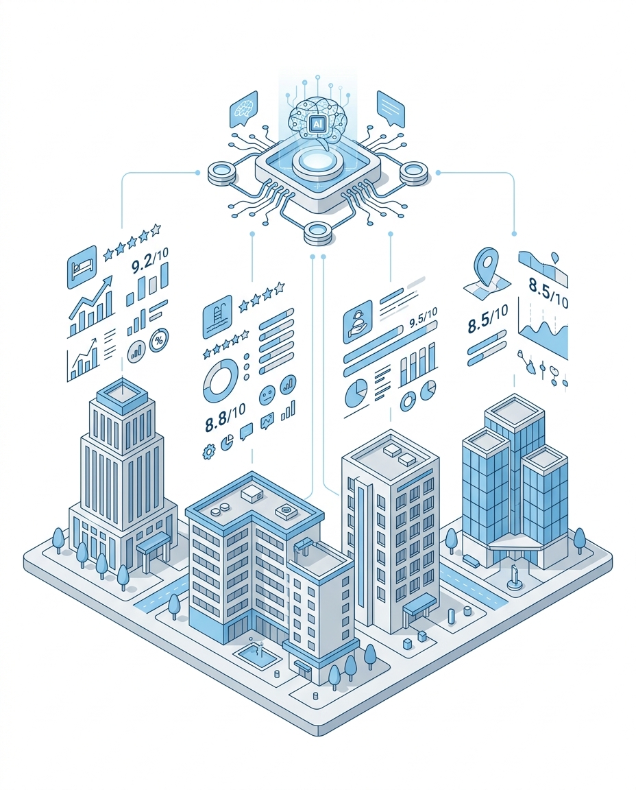 3D isometric illustration of hotel buildings being ranked by an AI scoring engine