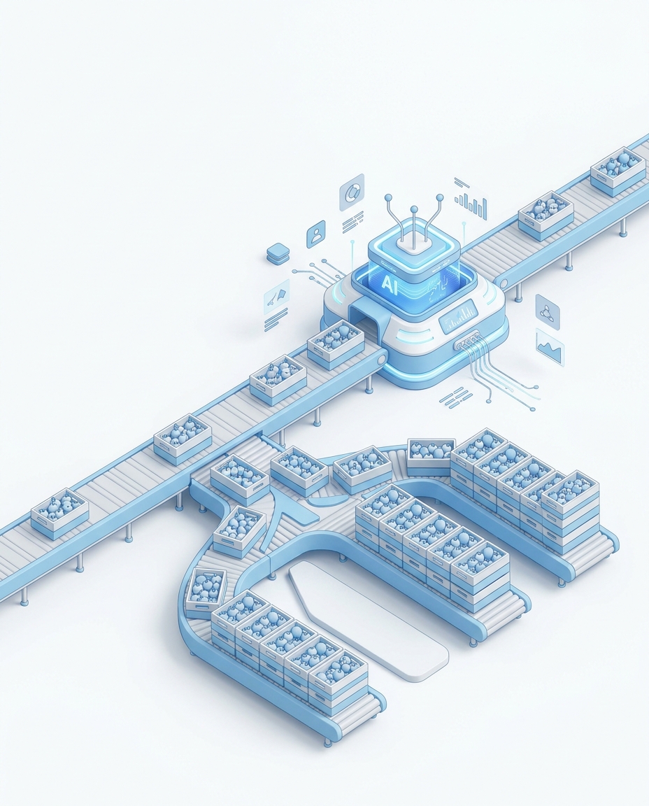 3D isometric illustration of warehouse crates being sorted by AI into optimal packing configurations