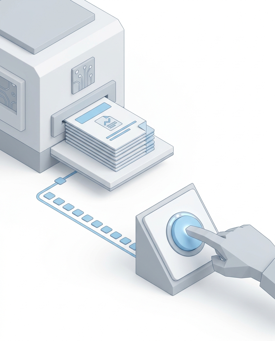 3D isometric illustration of a button triggering an AI machine producing stacked PDF reports