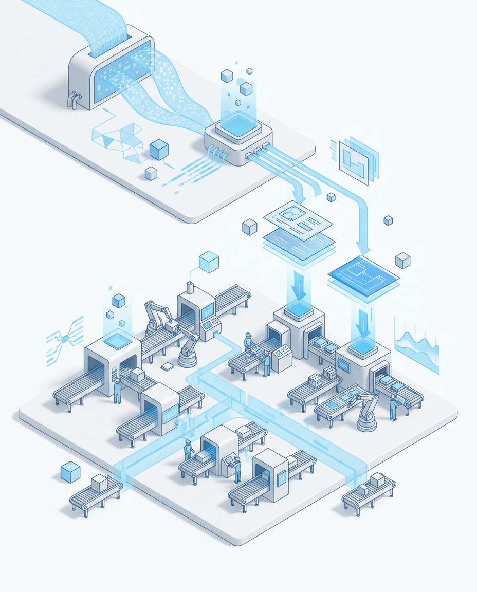 3D isometric illustration of manufacturing mold lines with an AI scheduler generating configurations