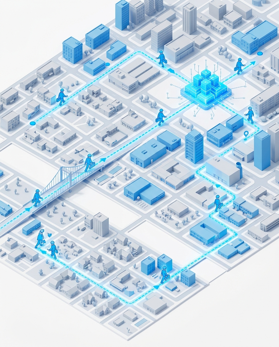 3D isometric illustration of technicians being dynamically routed on a city map by AI