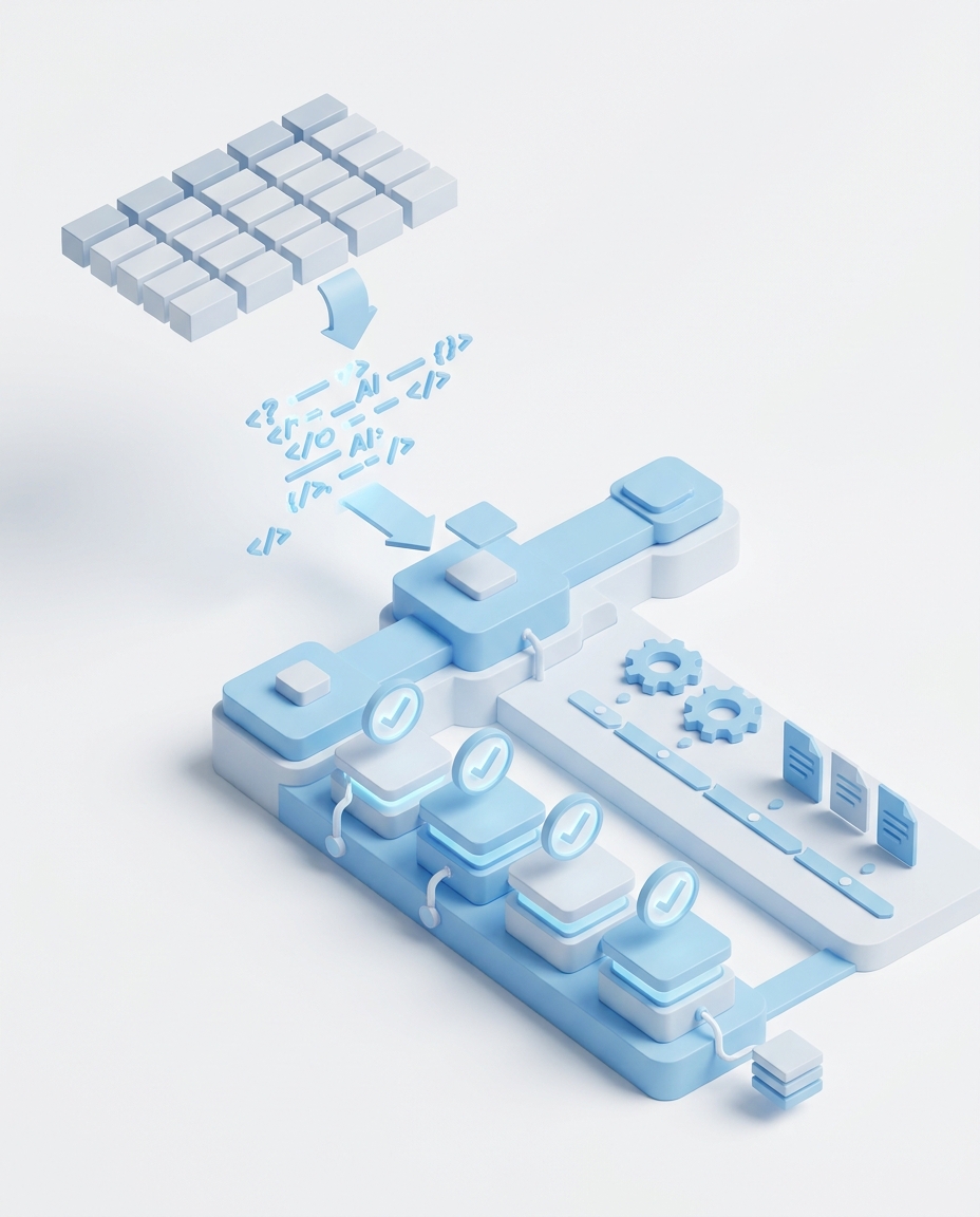 3D isometric illustration of spreadsheets being transformed by AI into a governed enterprise application