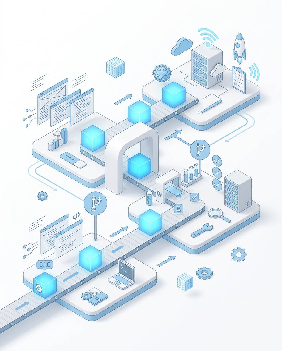 3D isometric illustration of code packages being promoted through environment stages by AI