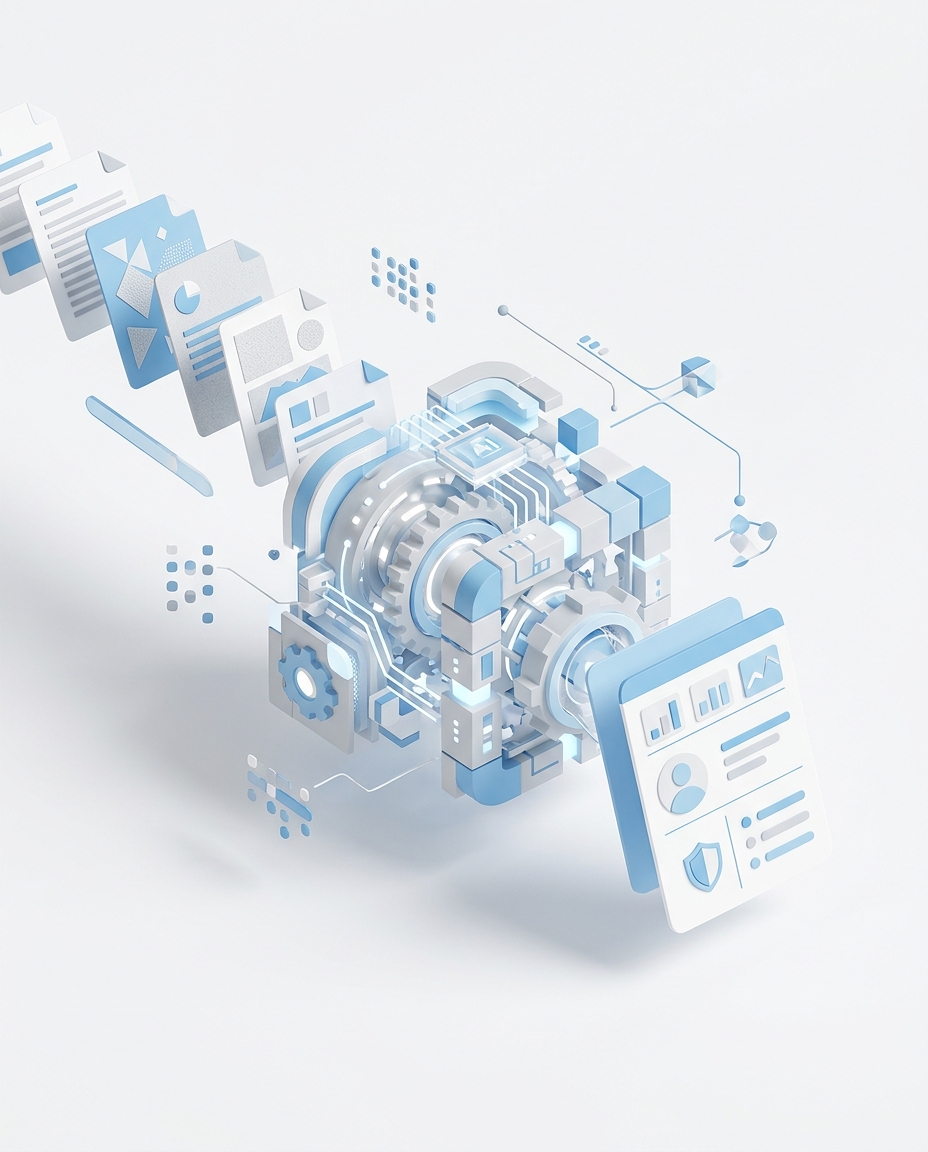 3D isometric illustration of call transcripts being analyzed by AI into a summary card