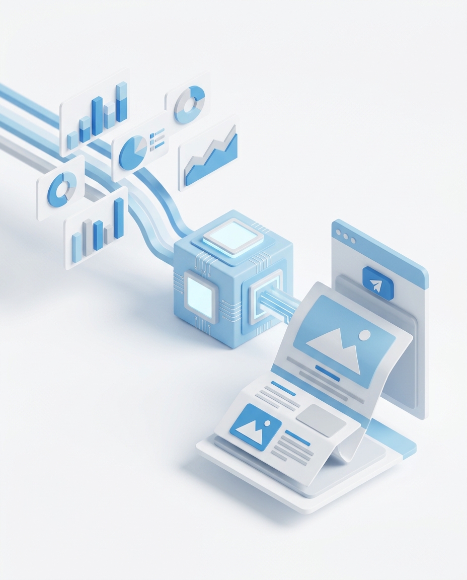 3D isometric illustration of mortgage data flowing into an AI writing engine producing a formatted email newsletter