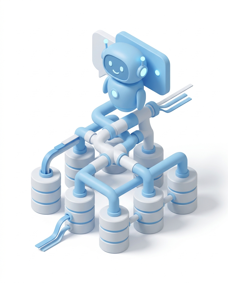 3D isometric illustration of a chatbot interface atop unified data pipes connecting siloed databases