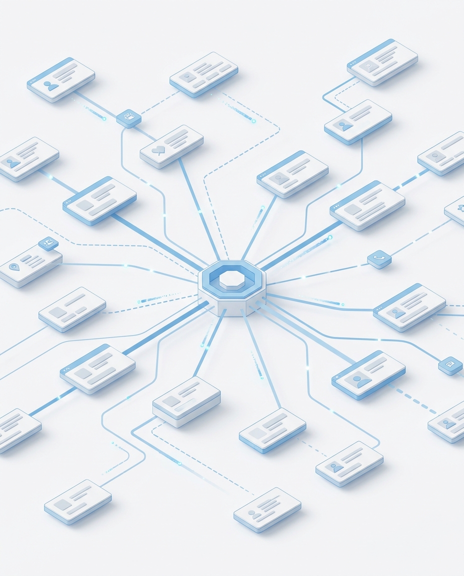 3D isometric illustration of customer contact network with scored relationship connections
