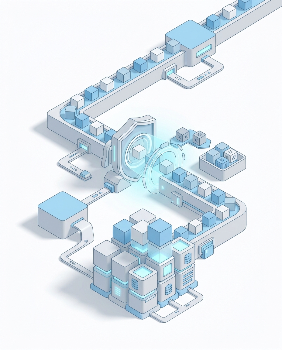 3D isometric illustration of data pipeline governance with AI-powered change monitoring