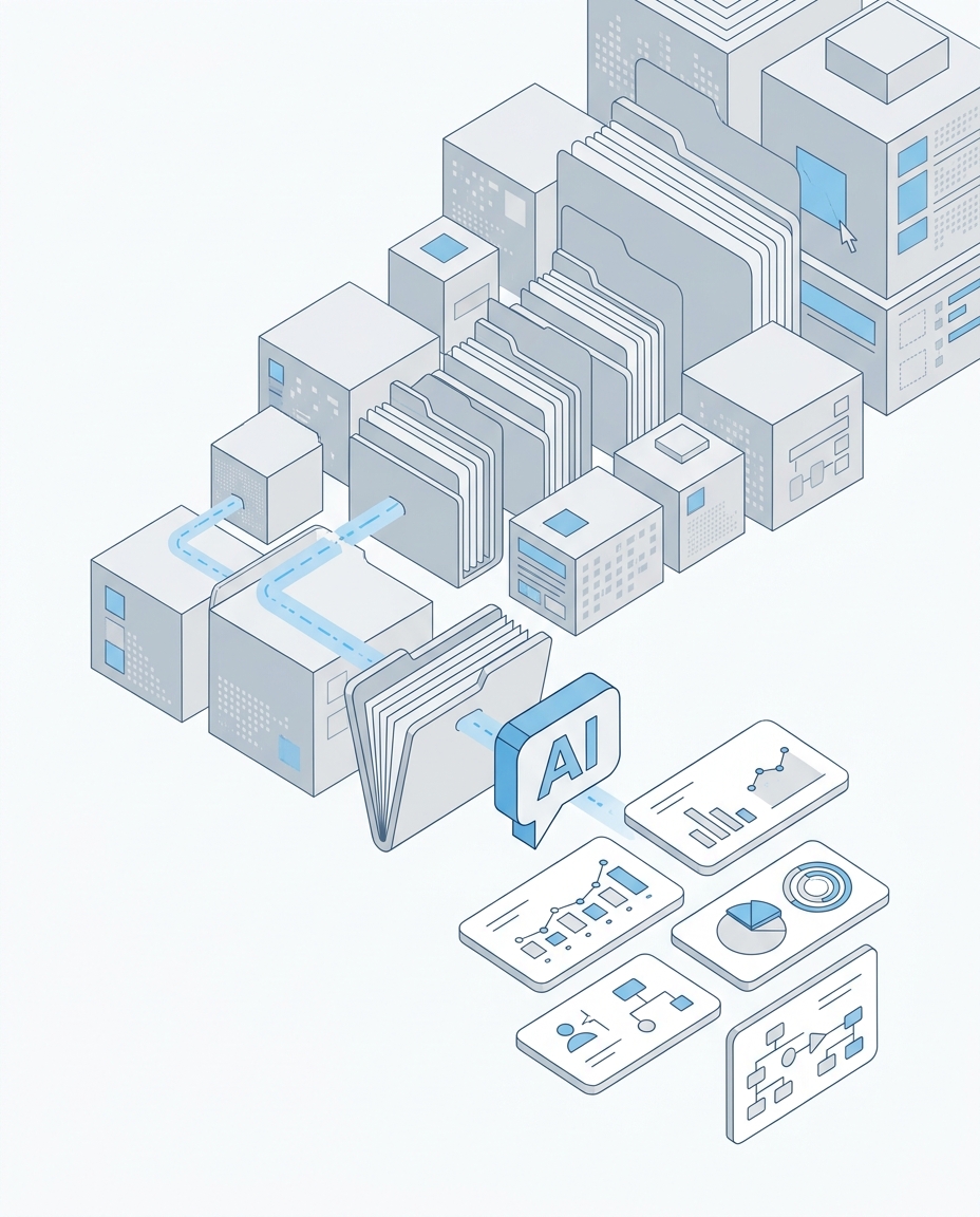 3D isometric illustration of nested data folders explored by an AI chat bubble returning summary cards and charts