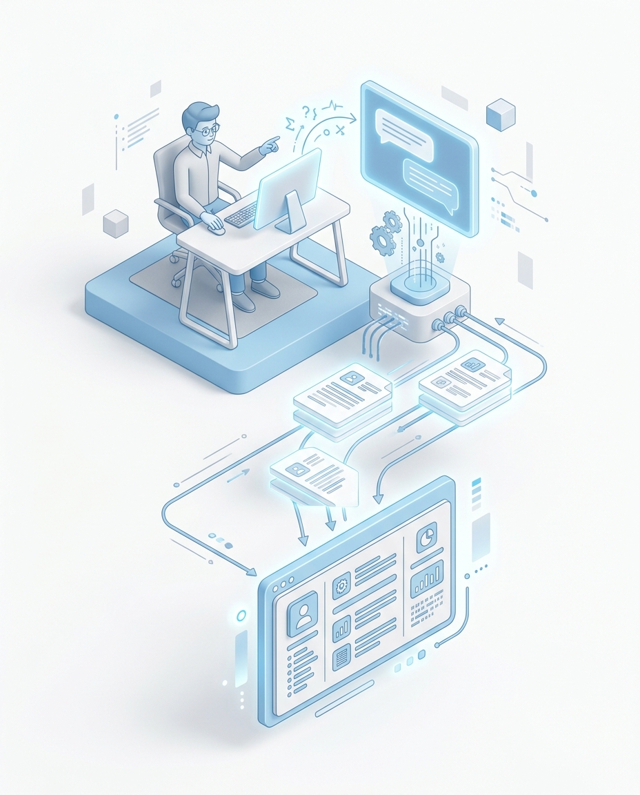3D isometric illustration of an employee asking a chatbot with knowledge documents assembled into an answer card