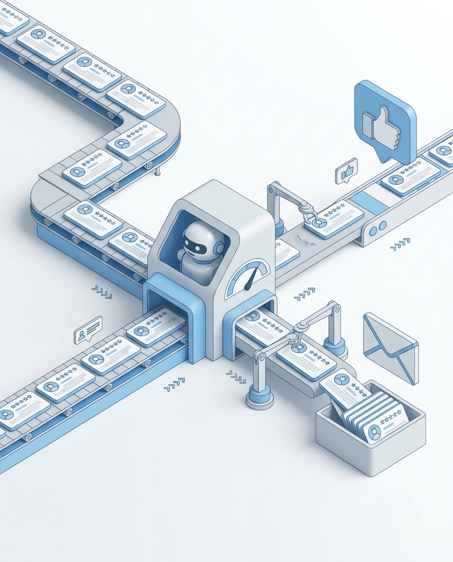 3D isometric illustration of customer review cards being scored and routed to distribution channels