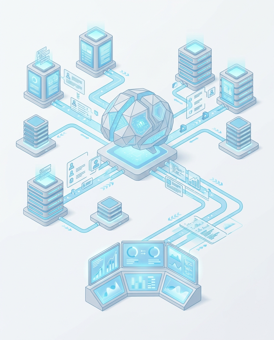 3D isometric illustration of AI brain connected to competitor profile databases