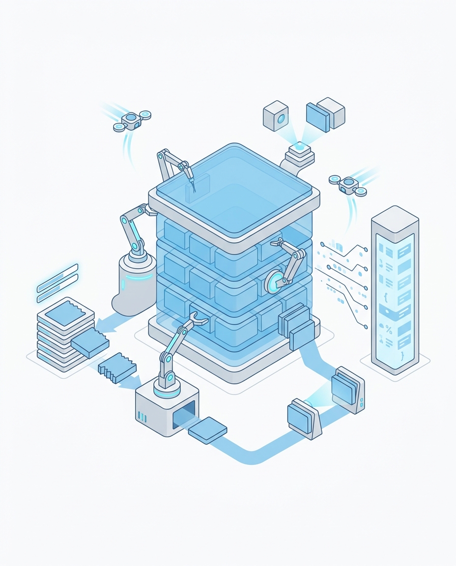 3D isometric illustration of database records being verified and cleaned by AI maintenance bots
