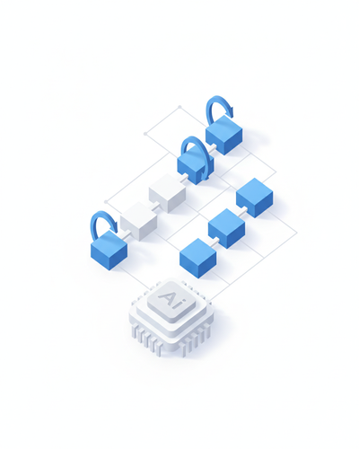3D isometric illustration of AI processor building workflow diagram with loop arrows and parameter connections
