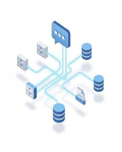 3D isometric illustration of chat bubble connected to floating file cabinets and database cylinders with embedding connections