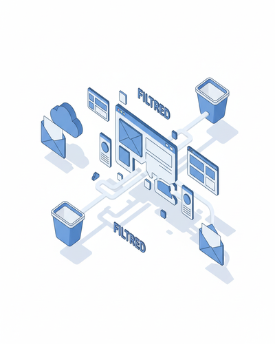 3D isometric illustration of dashboard splitting into filtered versions going to cloud storage and email