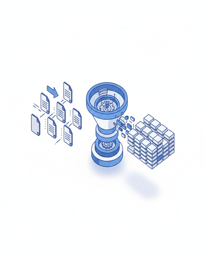 3D isometric illustration of partner portal with PDF documents flowing through automated parsing into structured data tables
