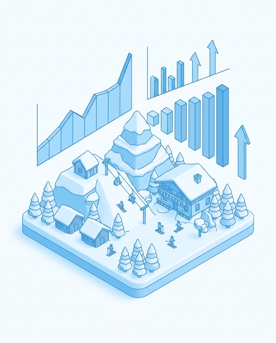 3D isometric illustration of a ski resort with predictive data charts flowing upward