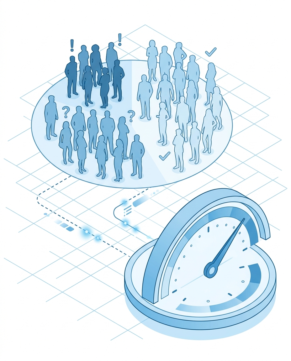 3D isometric illustration of member silhouettes being classified into churn risk tiers