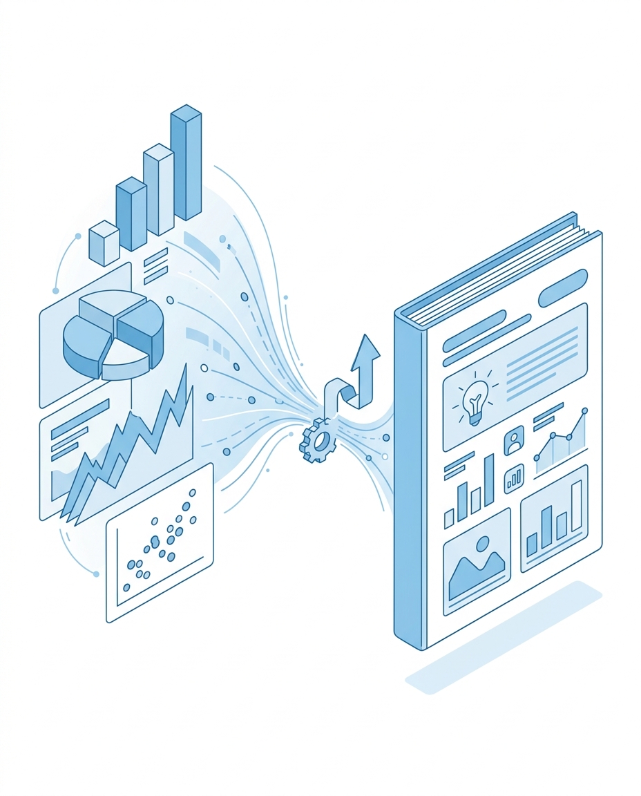 3D isometric illustration of marketing data being transformed into structured insight reports