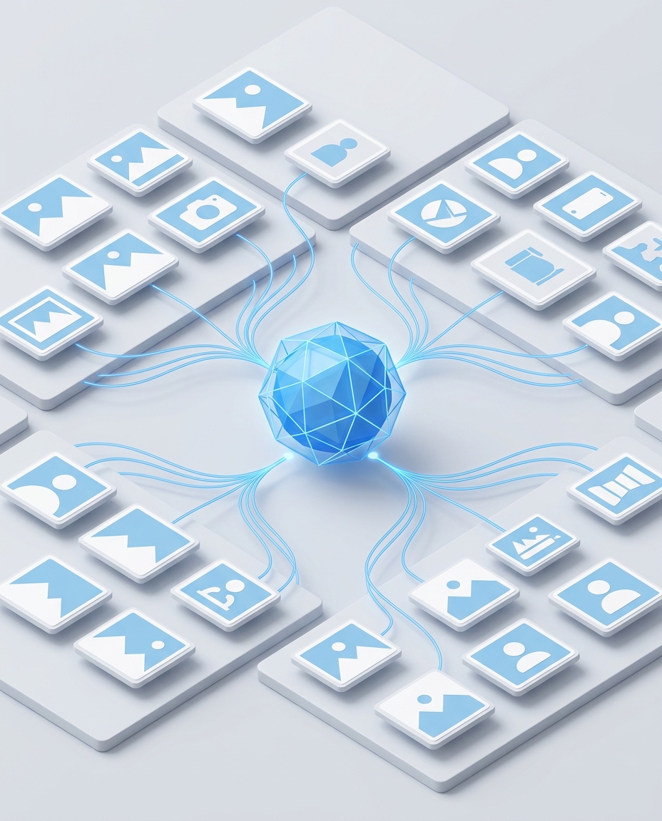 3D isometric illustration of a visual search interface with image thumbnails connected by vector lines to an AI node