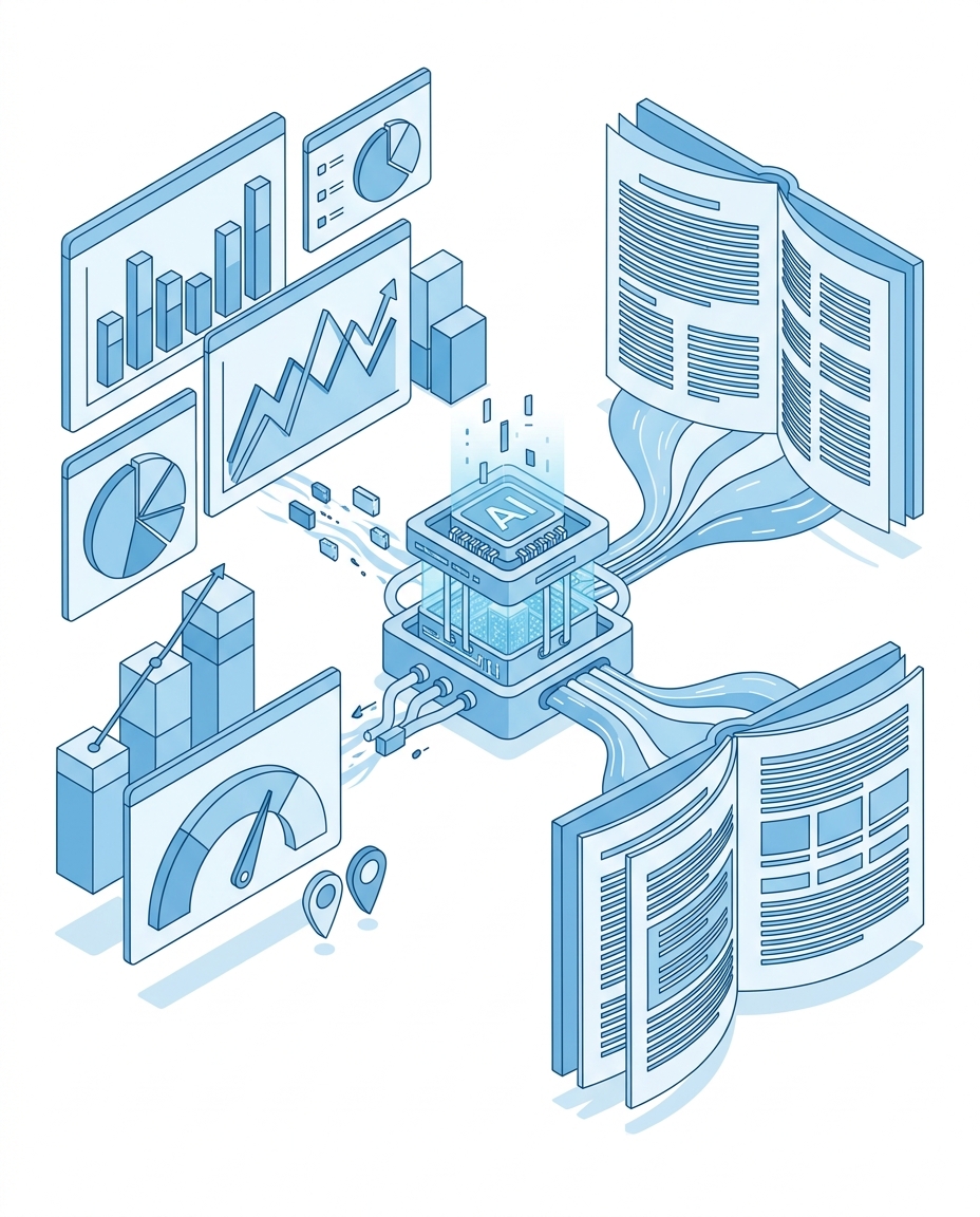 3D isometric illustration of financial dashboards being converted into narrative reports