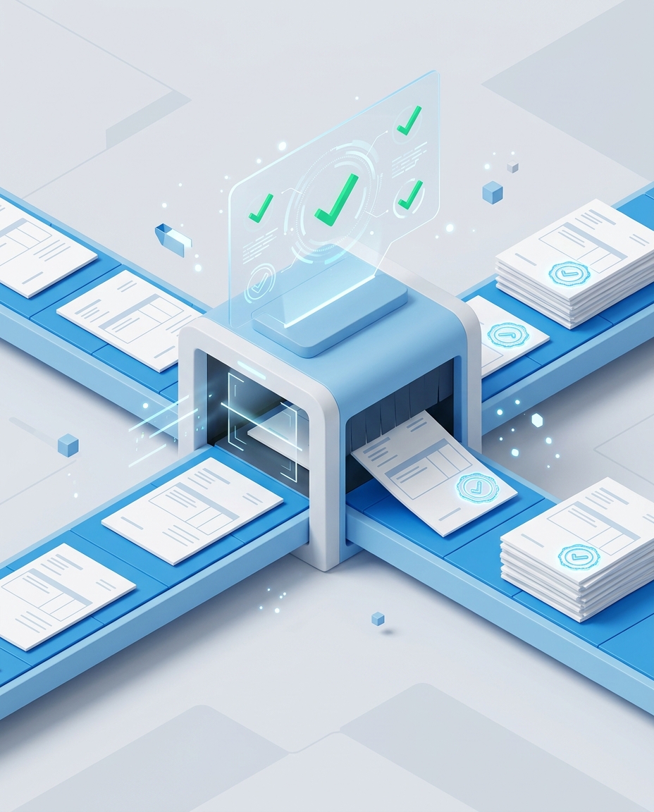 3D isometric illustration of invoice documents being scanned by an AI verification checkpoint