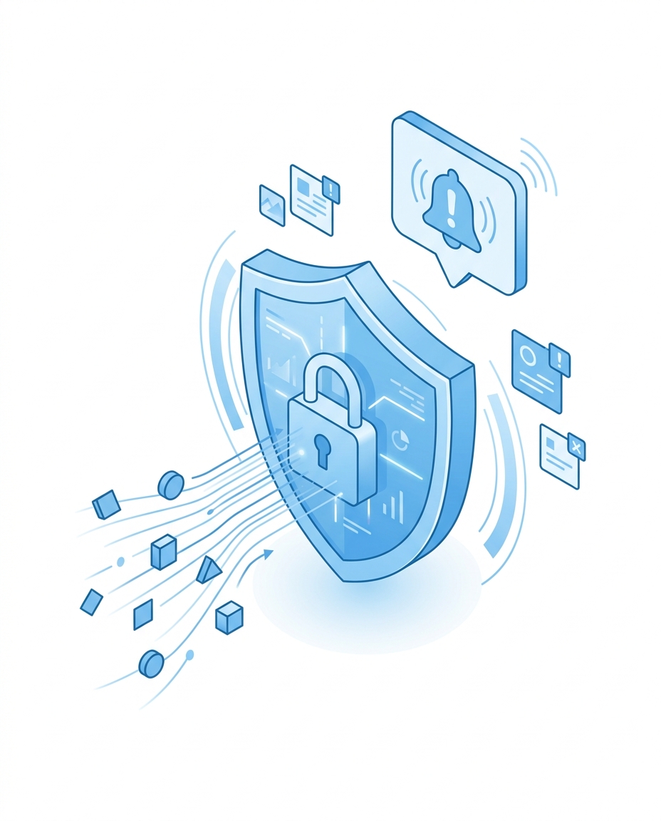 3D isometric illustration of a security shield analyzing cyber threat data streams
