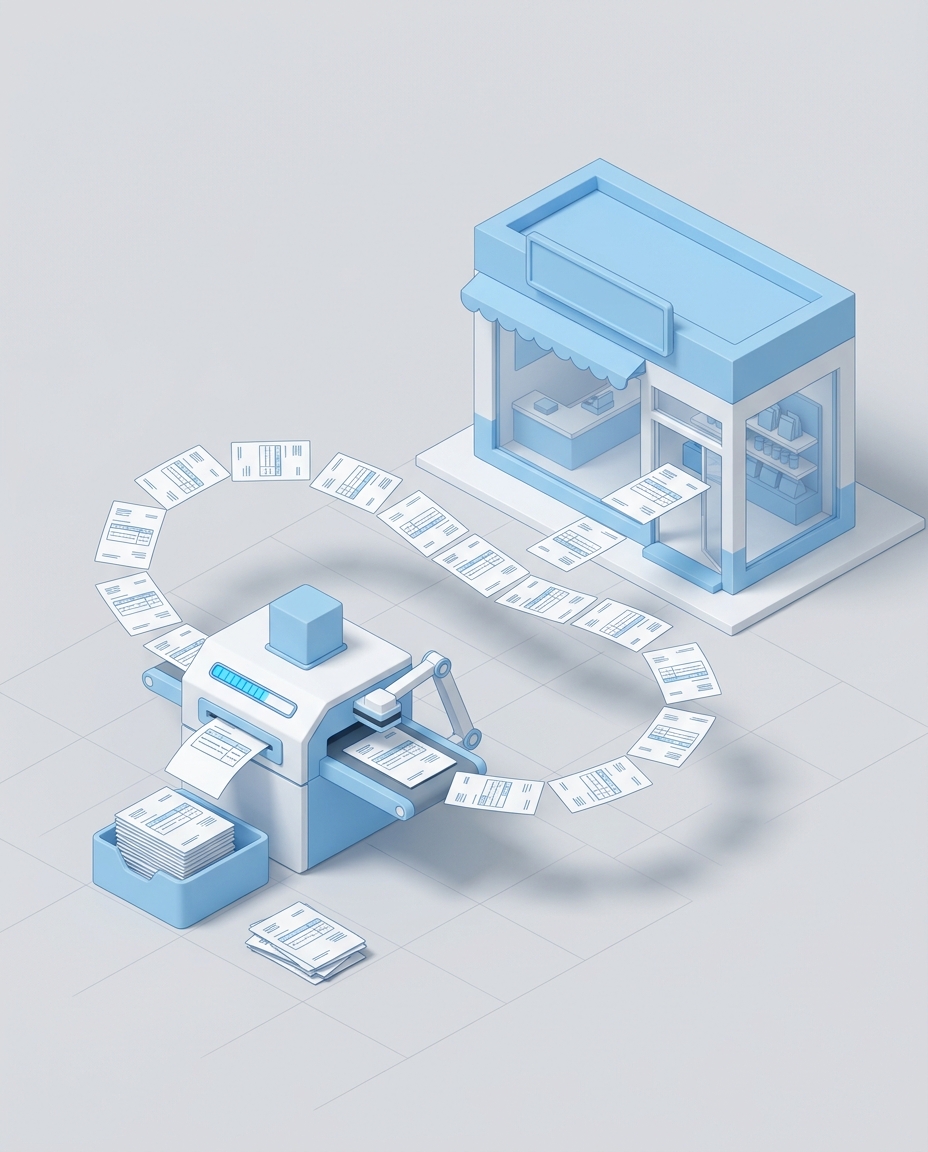 3D isometric illustration of a retail storefront with invoice documents flowing into an automated approval machine