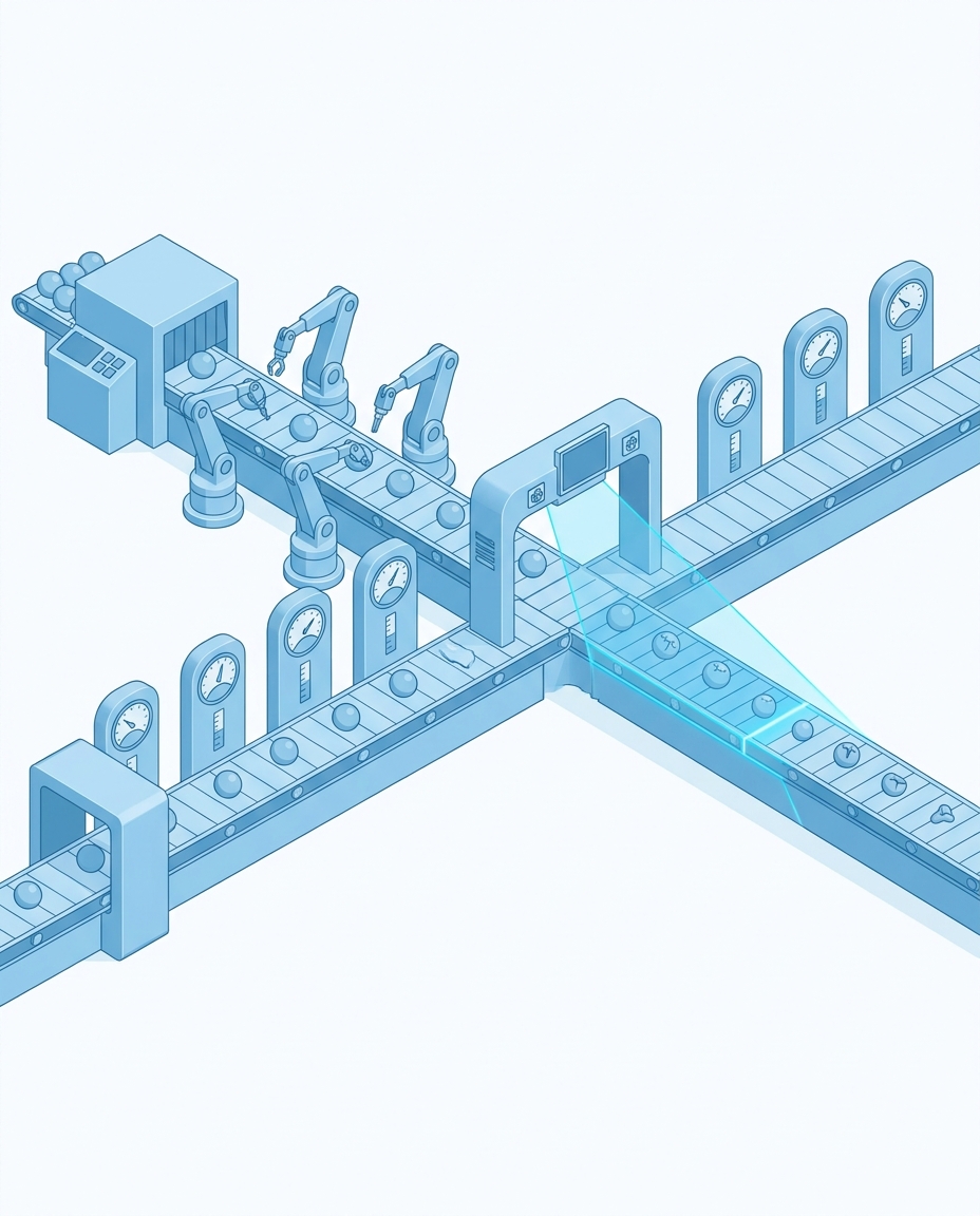 3D isometric illustration of a production line with AI-detected yield decline indicators