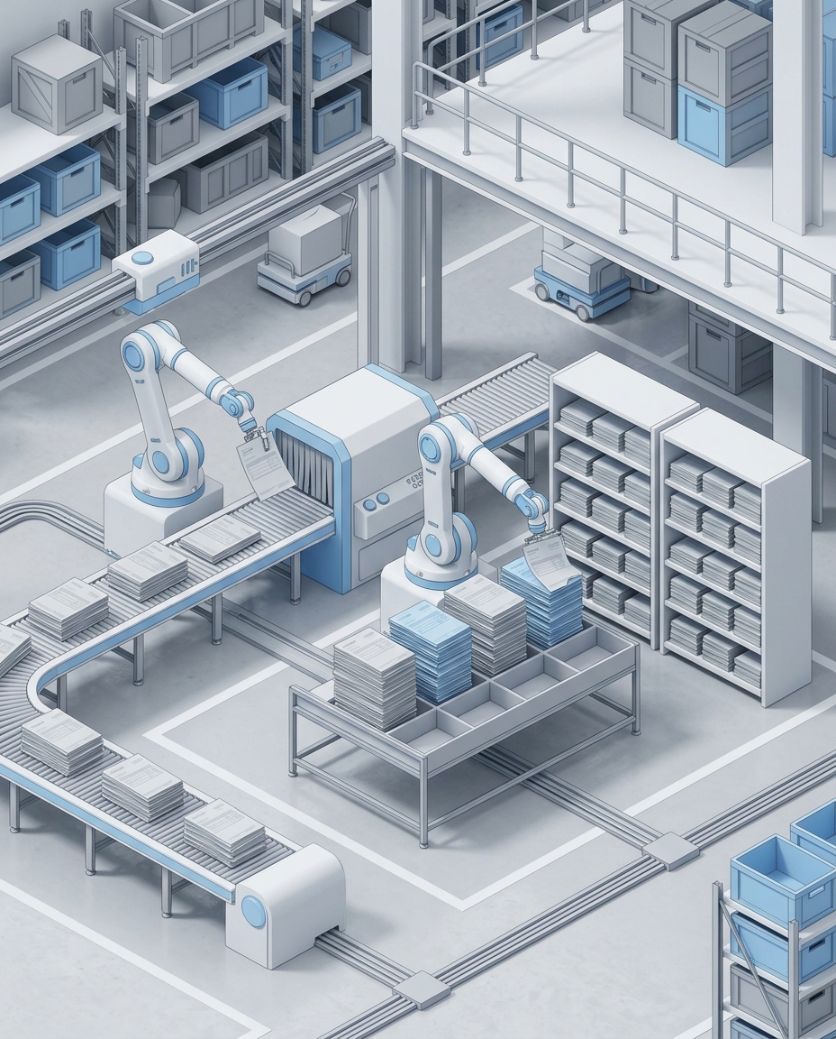 3D isometric illustration of a supply chain warehouse with invoice documents being sorted by AI into verified stacks