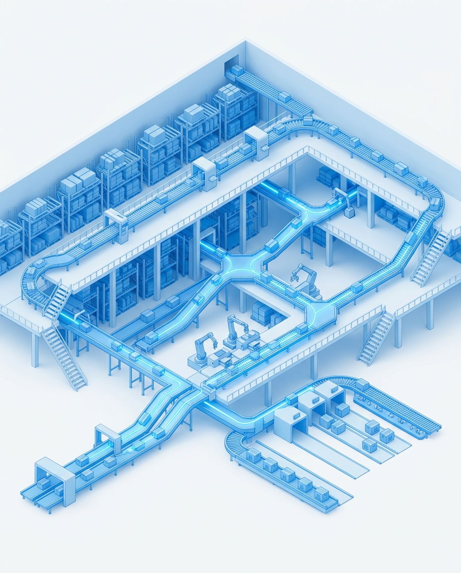 3D isometric illustration of warehouse conveyor systems with AI-optimized routing paths