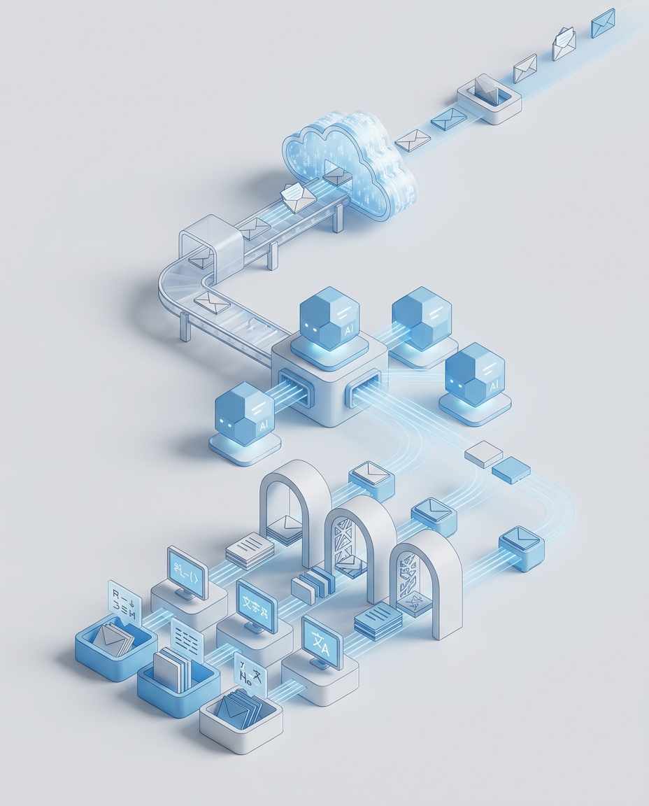 3D isometric illustration of coordinated AI agent nodes processing email envelopes through extraction and translation stages