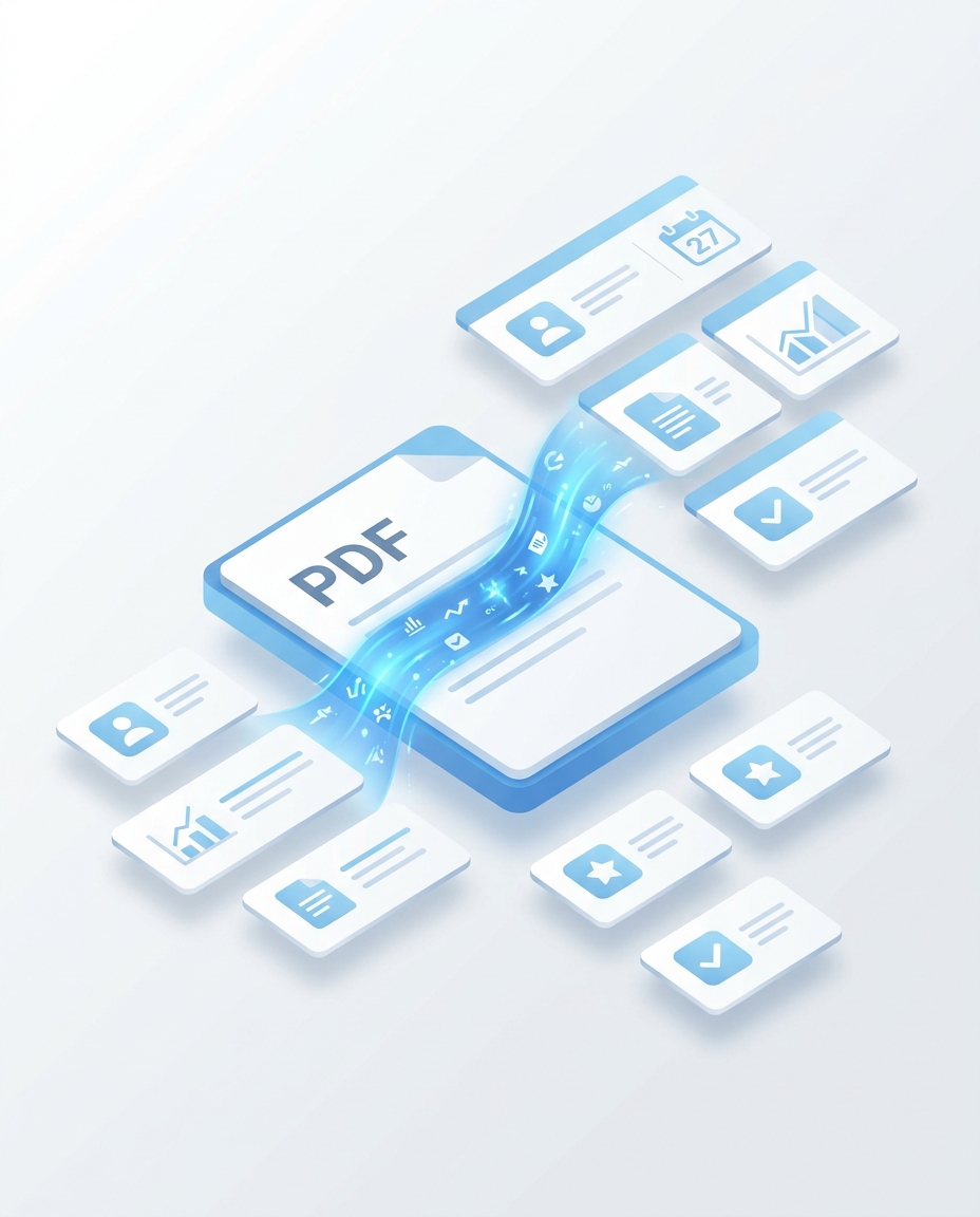 3D isometric illustration of a large PDF document being deconstructed by AI into structured data cards