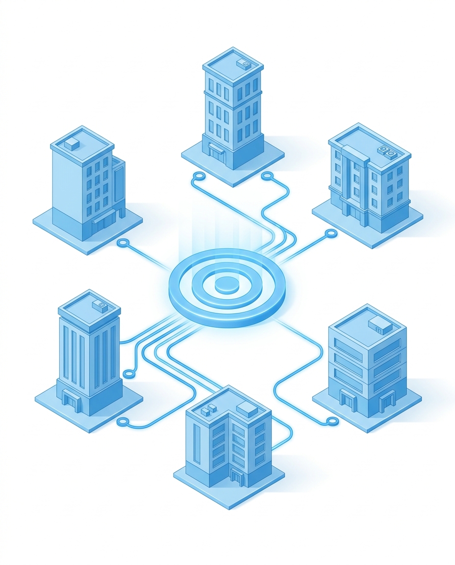 3D isometric illustration of agencies connected by alignment lines to a central goal target