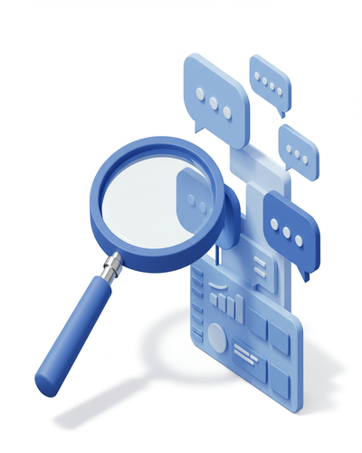 3D isometric illustration of AI analyzing customer sentiment and generating actionable recommendations