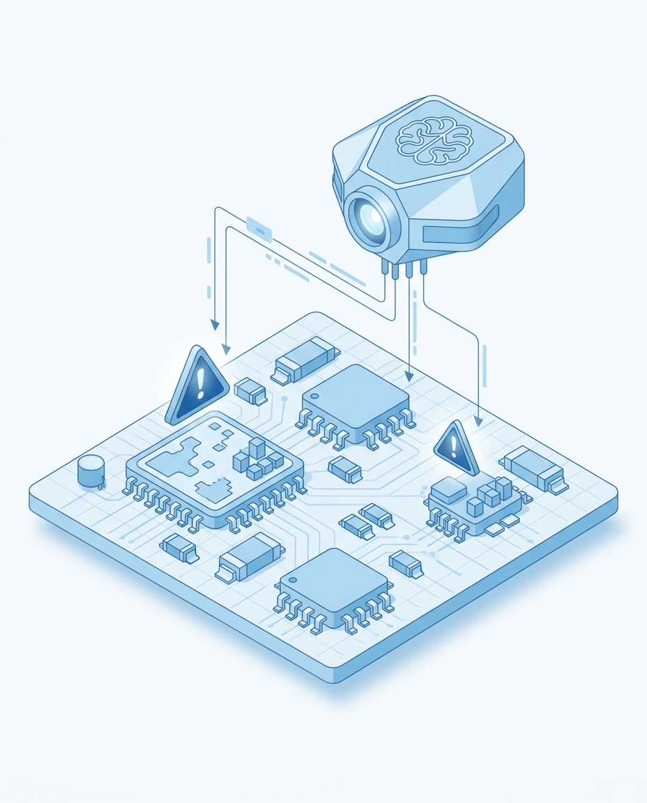 3D isometric illustration of circuit components monitored by an AI yield sensor