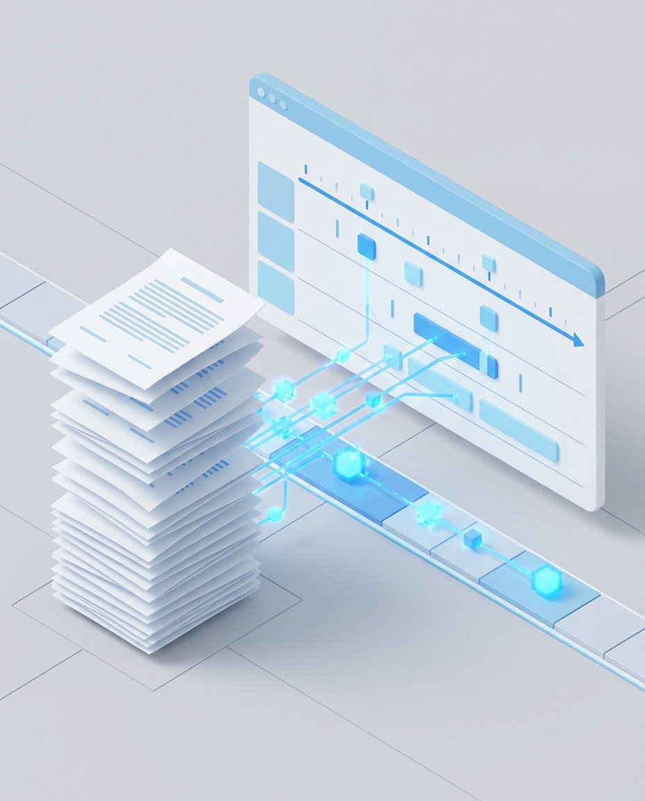 3D isometric illustration of stacked legal contracts with AI highlighting key clauses and routing to a timeline dashboard