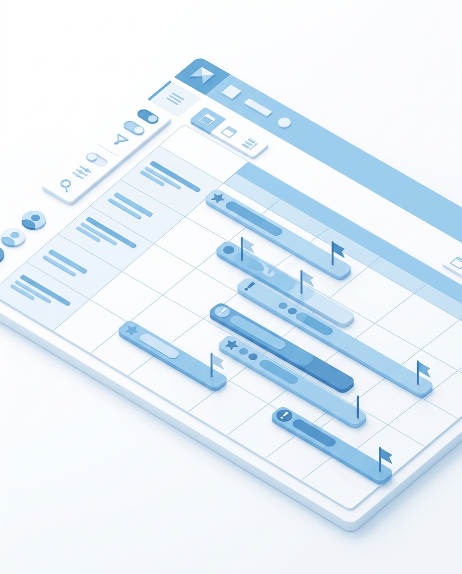 3D isometric illustration of a calendar with overlapping RFP timelines and priority indicators