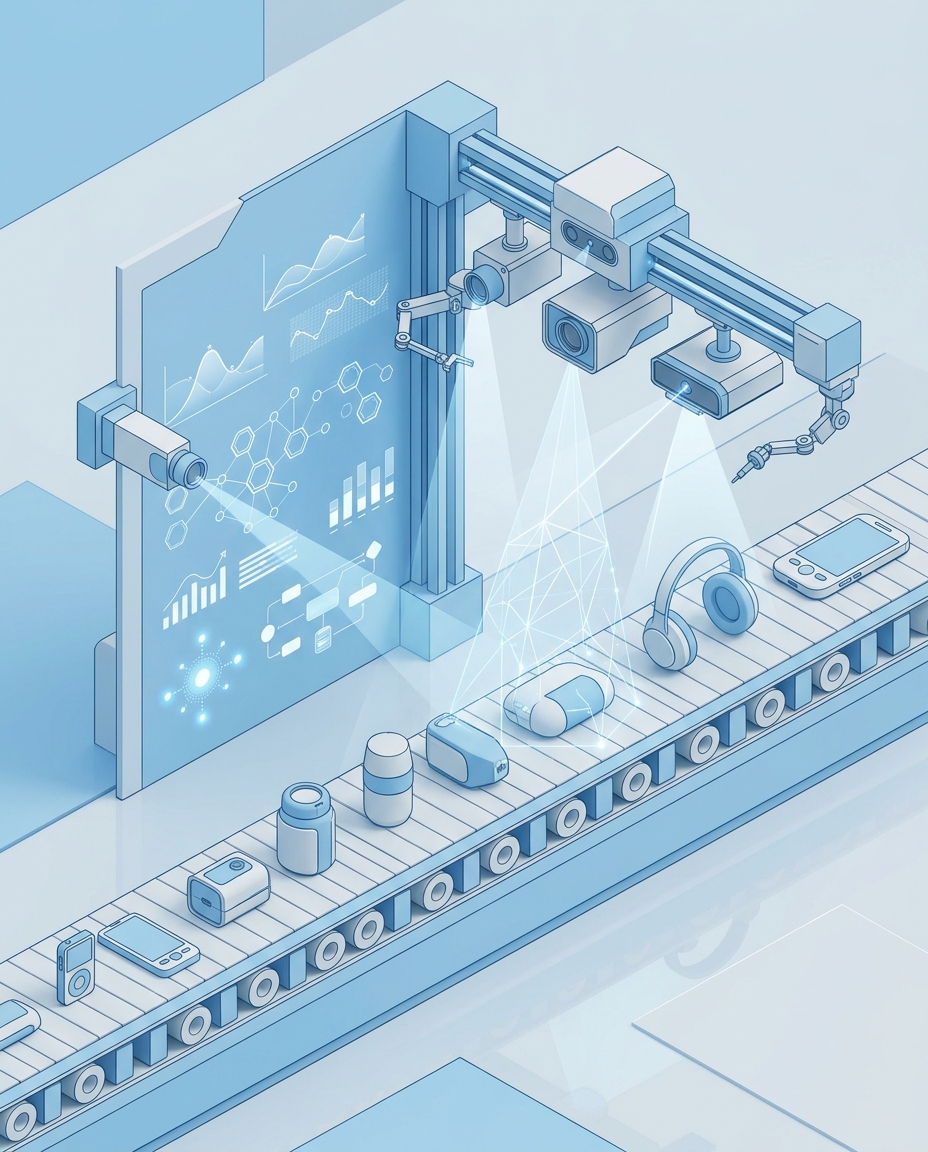 3D isometric illustration of consumer products being analyzed by AI sensors generating innovation insights