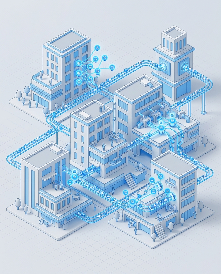 3D isometric illustration of interconnected AI nodes automating workflow tasks across multiple buildings