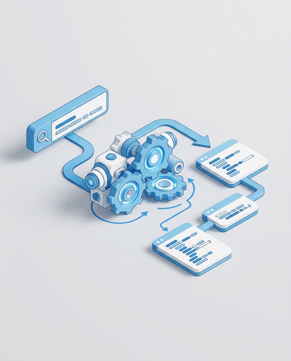 3D isometric illustration of a search query being transformed by AI gears into optimized SQL code blocks
