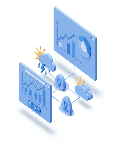 3D isometric illustration of weather-based demand prediction and alert system