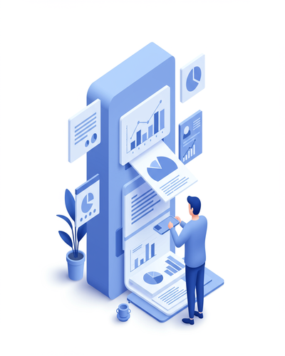 3D isometric illustration of automated marketing report generation and distribution