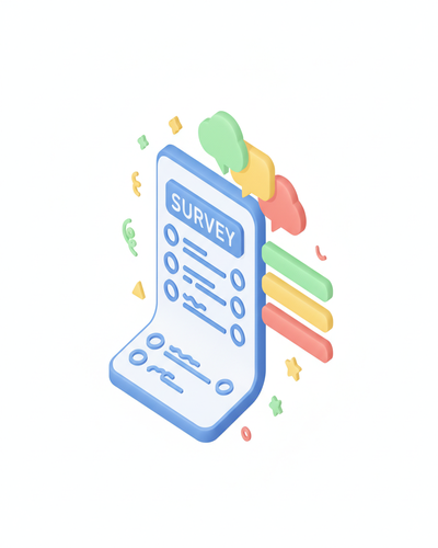 3D isometric illustration of survey forms transforming into sentiment analysis charts